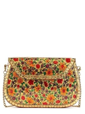 Antik Kraft Gold Floral Embroidered Clutch with Red and Orange Accents